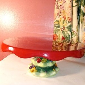 CHRISTMAS COLORFUL PEDESTAL 10" CAKE PLATE WITH SHINEY RED TOP